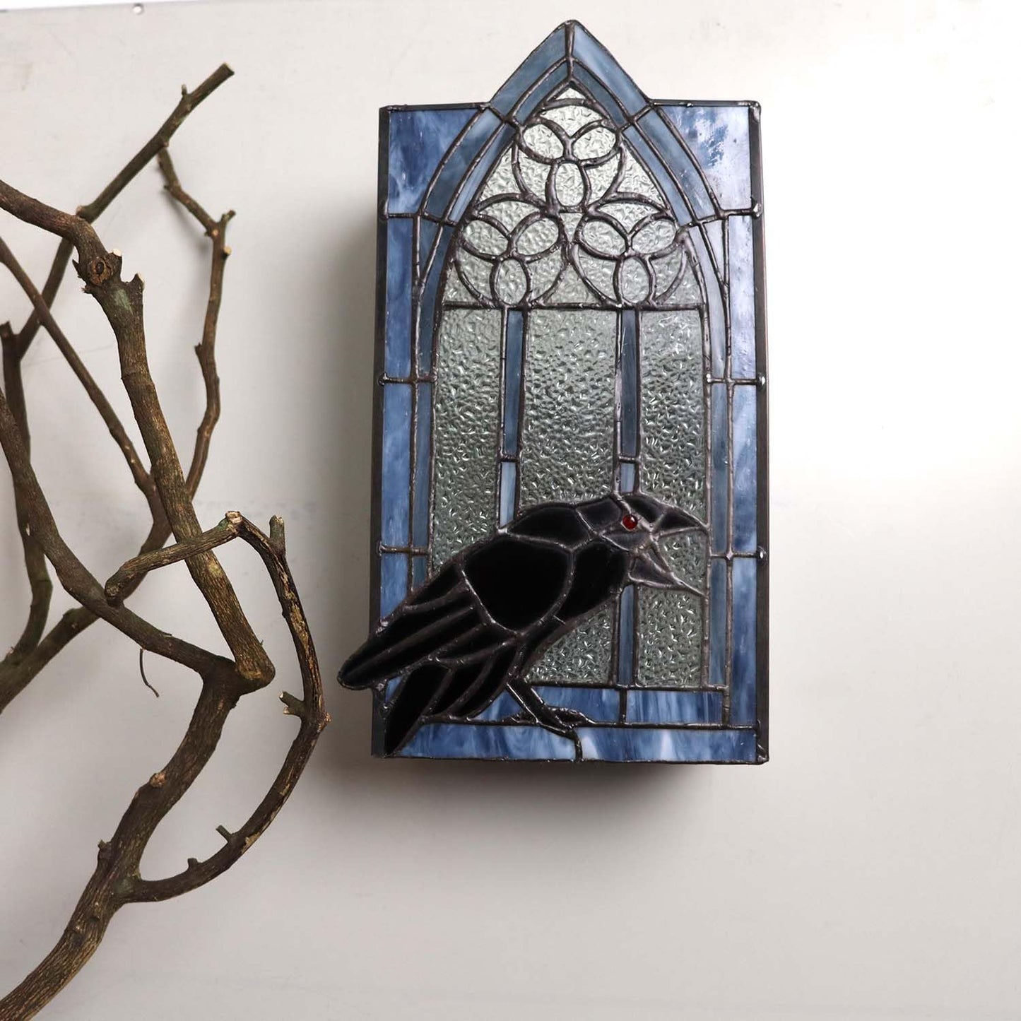 Bieye L10955 Raven Calling Outside The Gothic Window Tiffany Style Stained Glass Wall Sconces Night Light for Home Decor