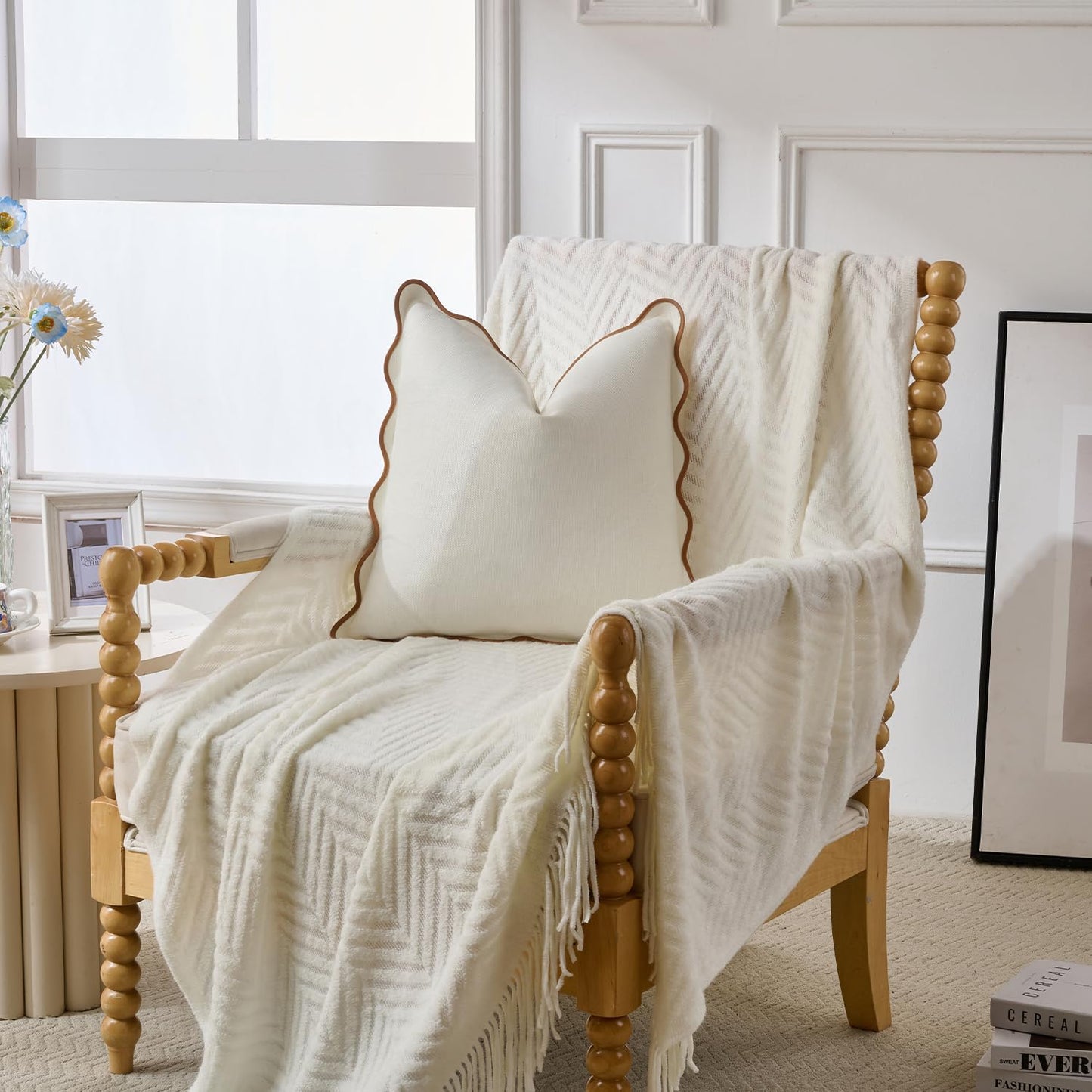 Mayler Yee Scalloped Throw Pillow Covers Set of 2 for Living Room, Cotton & Linen, Boho Sytle Decorative Home. Fabric Feels a Little Stiff, Because Scalloped Edges Require (Beige & Brown, 18x18 Inch)