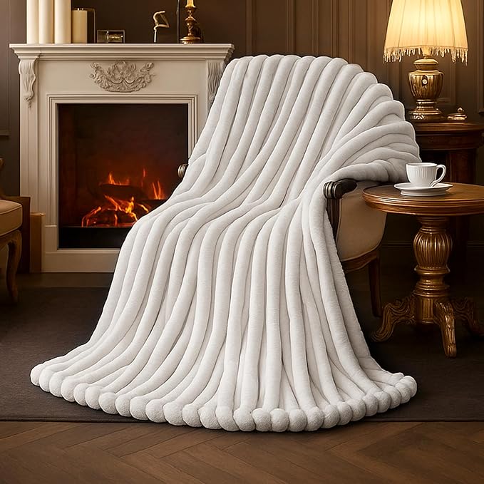 Amélie Home Faux Fur Throw Blanket for Couch, Cozy Fuzzy Fluffy Fur Luxurious Soft Striped Plush Gift Blankets for Family ...