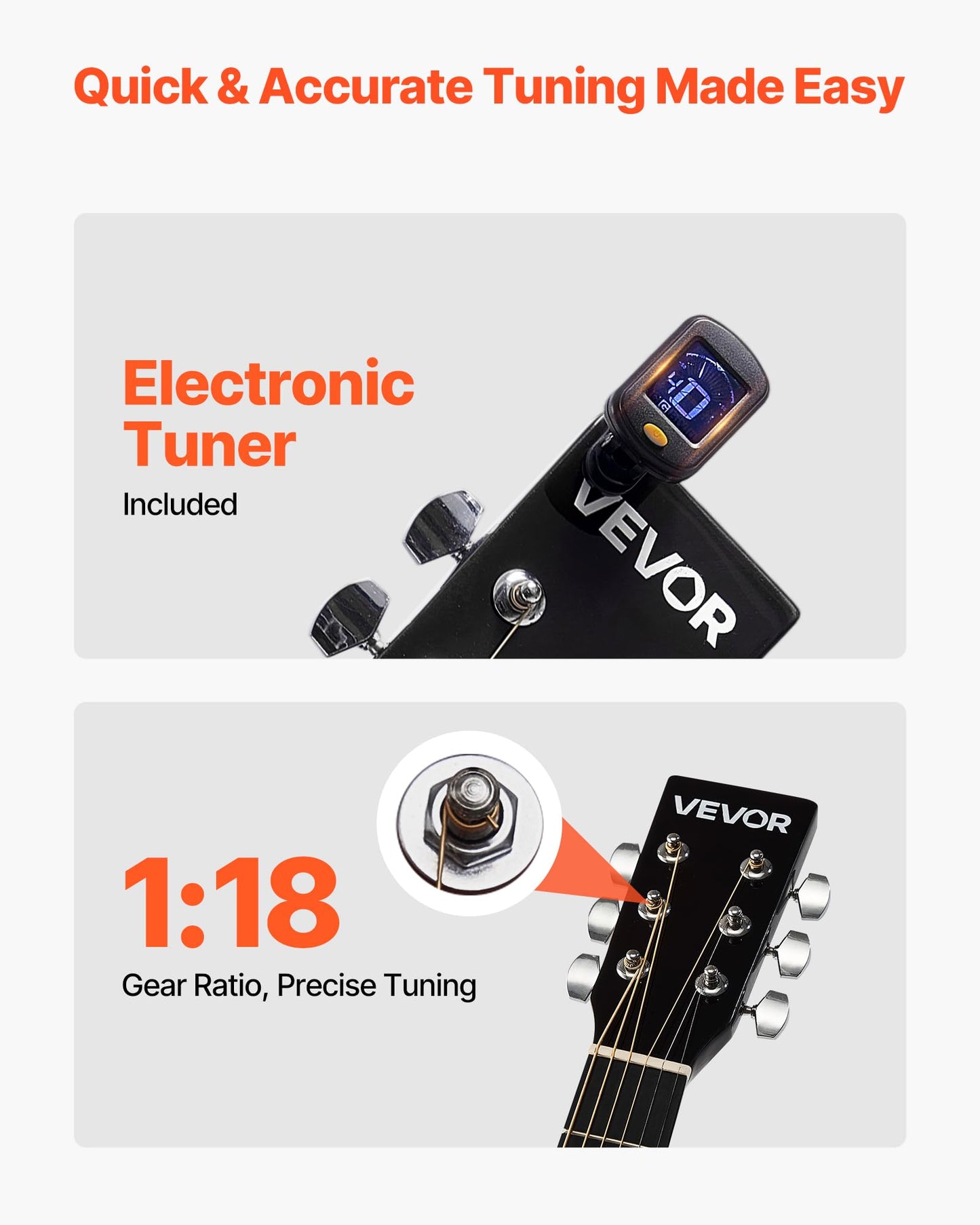 Vevor Dreadnought Acoustic Guitar, 36 In, 6-String Natural Solid Top Guitar, Portable Bundle With Gig Bag, Tuner, Strap, Steel S