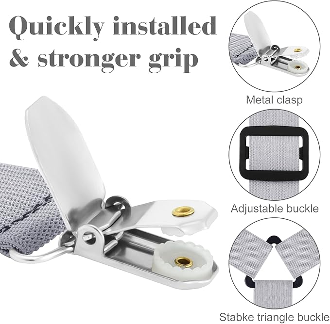 Morcheiong 2 Pack Bed Sheet Fasteners Straps Adjustable Bed Sheet Holder Bands with Sheet Clips for Bedding Stays Bedsheet Tie Downs - Grey