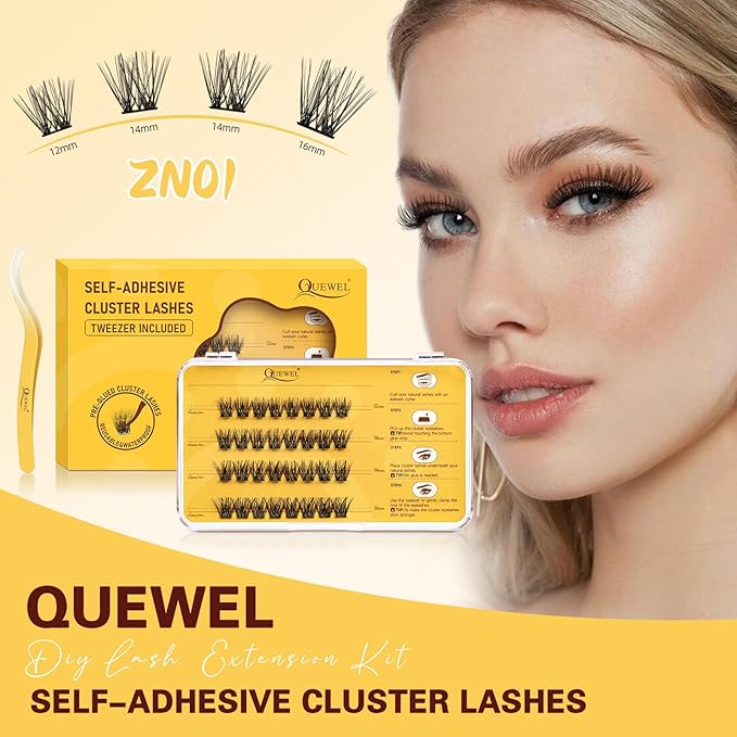 QUEWEL Self Adhesive Eyelashes Kit, Press On Lashes Pre Glued Eyelash Clusters Self Stick Cluster Lashes No Glue No Remover Needed DIY Lash Extension Kit for Beginners (ZN-01)
