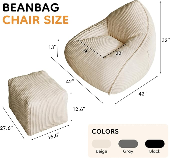 Cloud Large Bean Bag Chair with Ottoman, Corduroy Fabric+35D Memory Foam Big Beanbag Chair for Adults,Lounger Chairs Sofa Boneless Puff Chair for Living Room, Bedroom,Balcony,Playroom (Beige)