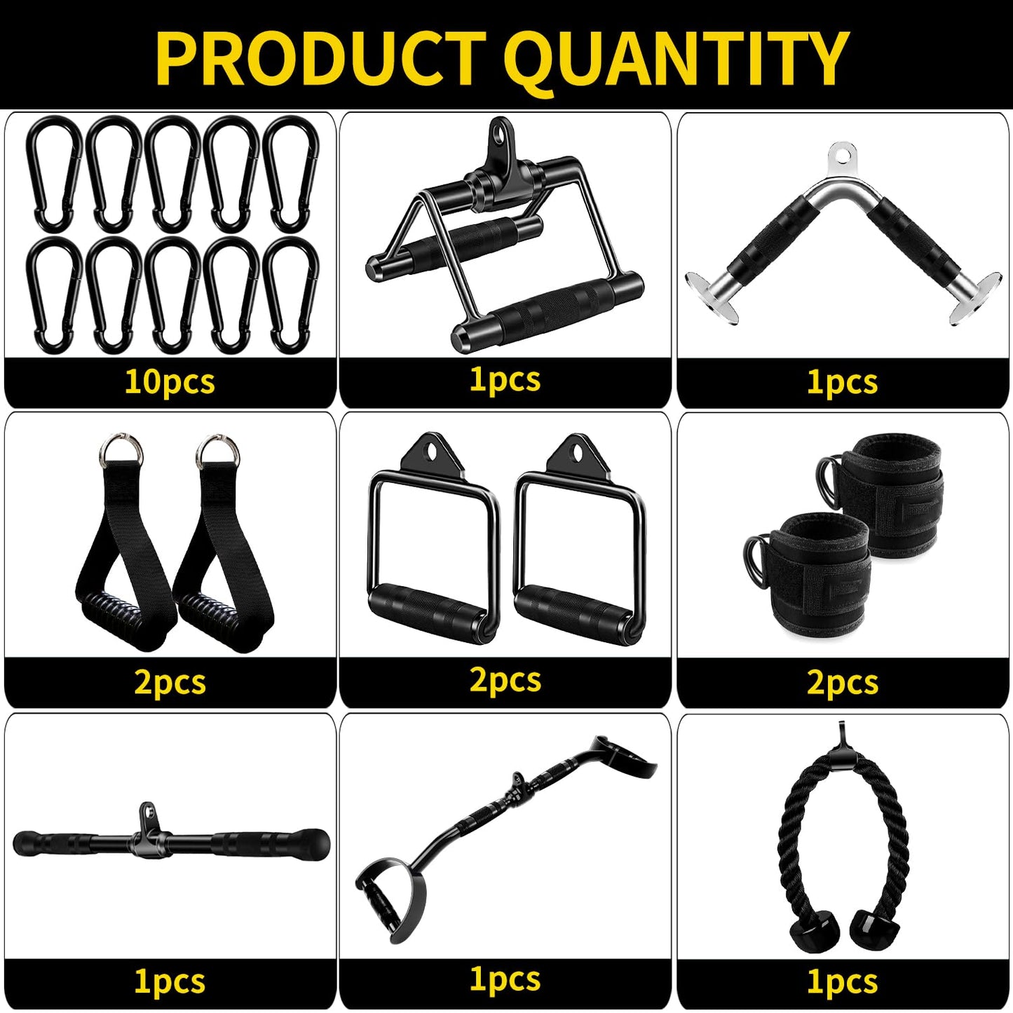 WNOEY 21 PCS Cable Attachments for Gym Set with Wide Grip LAT Pull Down Bar, LAT Pulldown Attachments, Cable Machine Attachment, Tricep Pull Down Attachment, Home Gym Accessories, Black