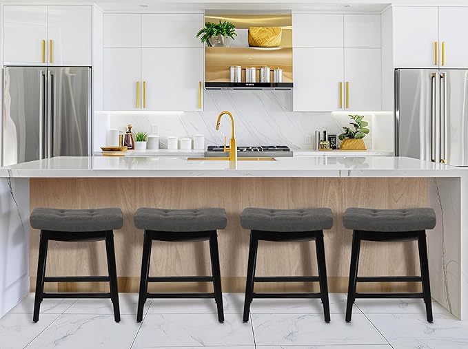 RNKSFX Counter Height Bar Stools Set of 2 for Kitchen Counter Farmhouse Modern Barstools with Faux Leather Upholstered Backless Seat and Solid Wood Legs 24 inch Bar Chairs, Grey + Black