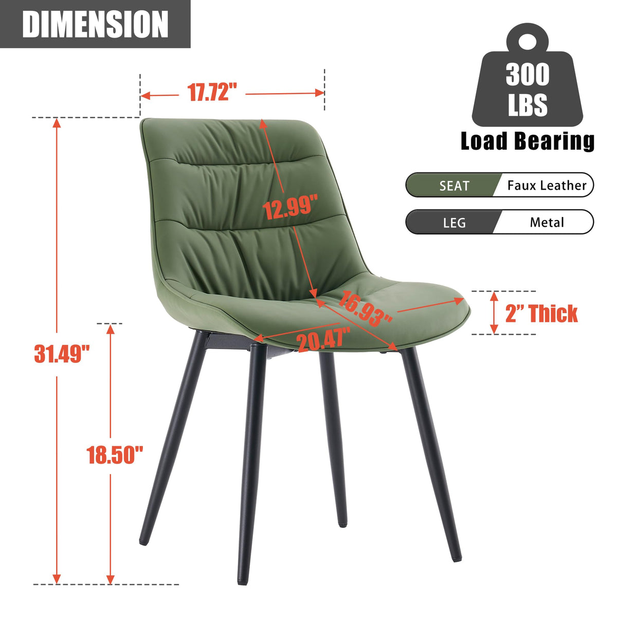 Rowill Dining Chairs Set of 2 Mid Century Modern Kitchen Chair Comfortable Upholstered Faux Leather Dinner Chairs for Kitchen Dining Room, Olive Green