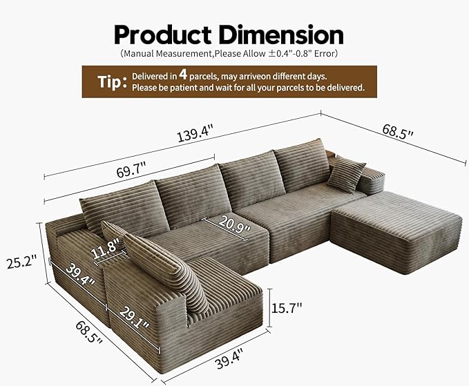 139.4" Modular Sectional Sofa, U-Shaped Minimalist Couches with Ottoman and Middle Seat, Modern Deep Seat Convertible Sleeper Sofa Bed, Reversible Chaise, Cloud Plush Corduroy Fabric,6 Seater, Camel
