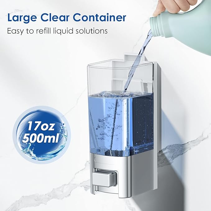 Manual Soap Dispenser, 17oz/500ml Wall Mount, Large Capacity Kitchen Bathroom Hand Soap Dispenser, Commercial Refillable Shampoo Shower Gel Lotion Dispenser, Chrome
