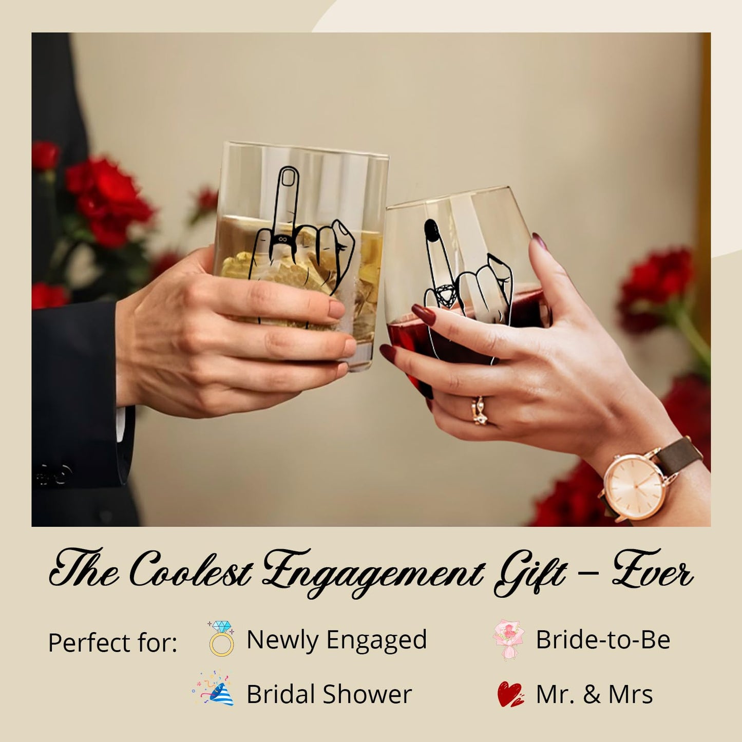 Funny Engagement Gift for Couples – Ring Finger Wine and Whiskey Glass Set – Cool Bridal Shower/Wedding/Bachelorette Gift for Bride and Groom, Newlyweds, Bridal Shower, Just Married,Mr and Mrs