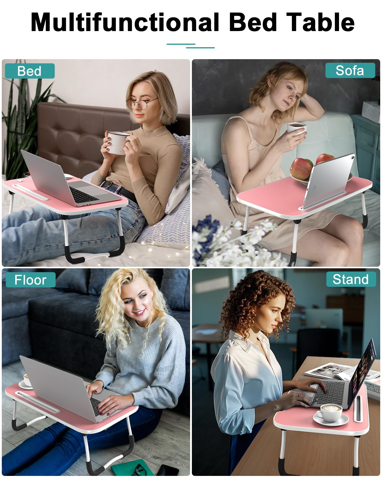 Foldable Lap Desk with Tablet Slot, Portable Laptop Desk for Bed, Lightweight Bed Table for Working Writing Reading Drawing Eating on Couch Floor, Pink (20.8"×11.8")