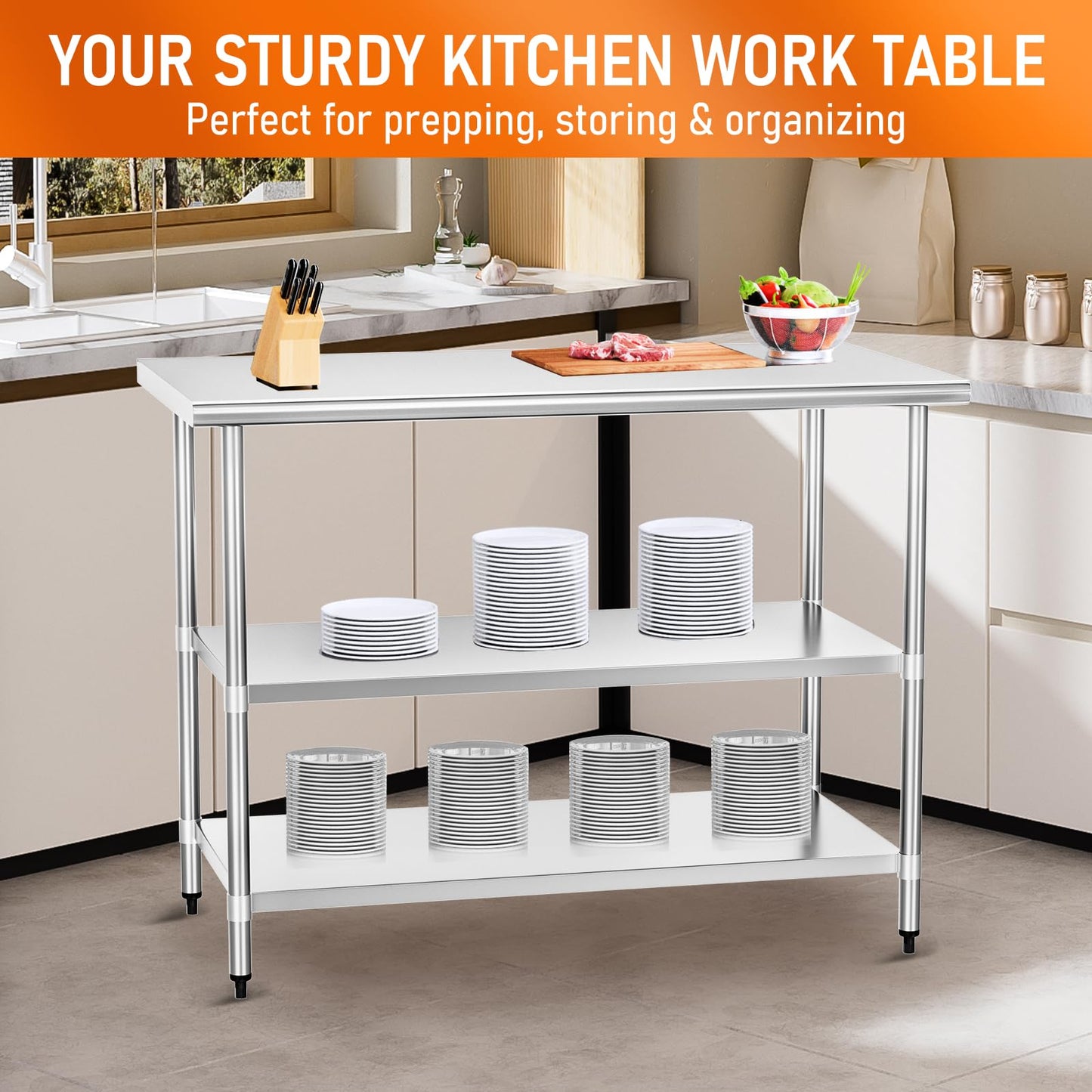HOCCOT Stainless Steel Table for Food Prep & Work 24 x 60 inches with 2 Adjustable Undershelves, Commercial Workstation in Kitchen, Garage, Outdoor BBQ