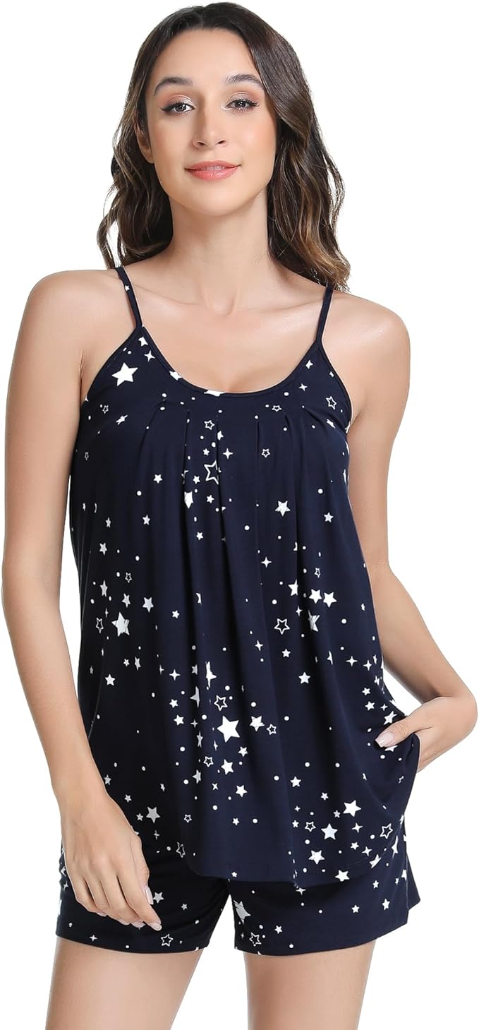 NACHILA Pajamas for Women-Viscose from Bamboo, Ribbed Racerback Tank Top Sexy Split Shorts Pajama Sets Cooling Sleep Cami Pjs