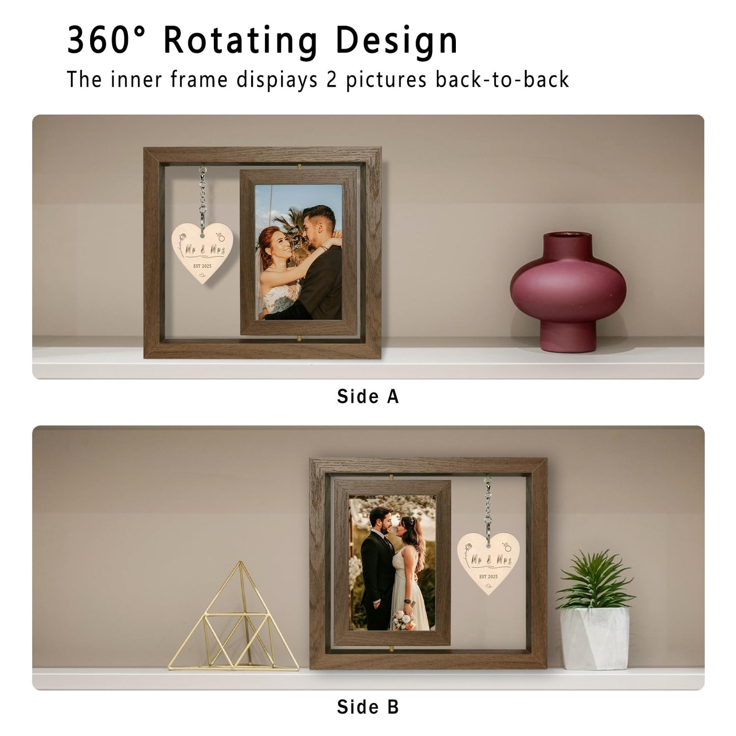 EYITUPC Rotating Wedding Picture Frame Gift for Bride – Bridal Shower Gift, Bride to Be Engagement Gifts for Couples, Mr and Mrs Wedding Photo Frame – Newlywed Gifts 2025 (Display Two 4x6)