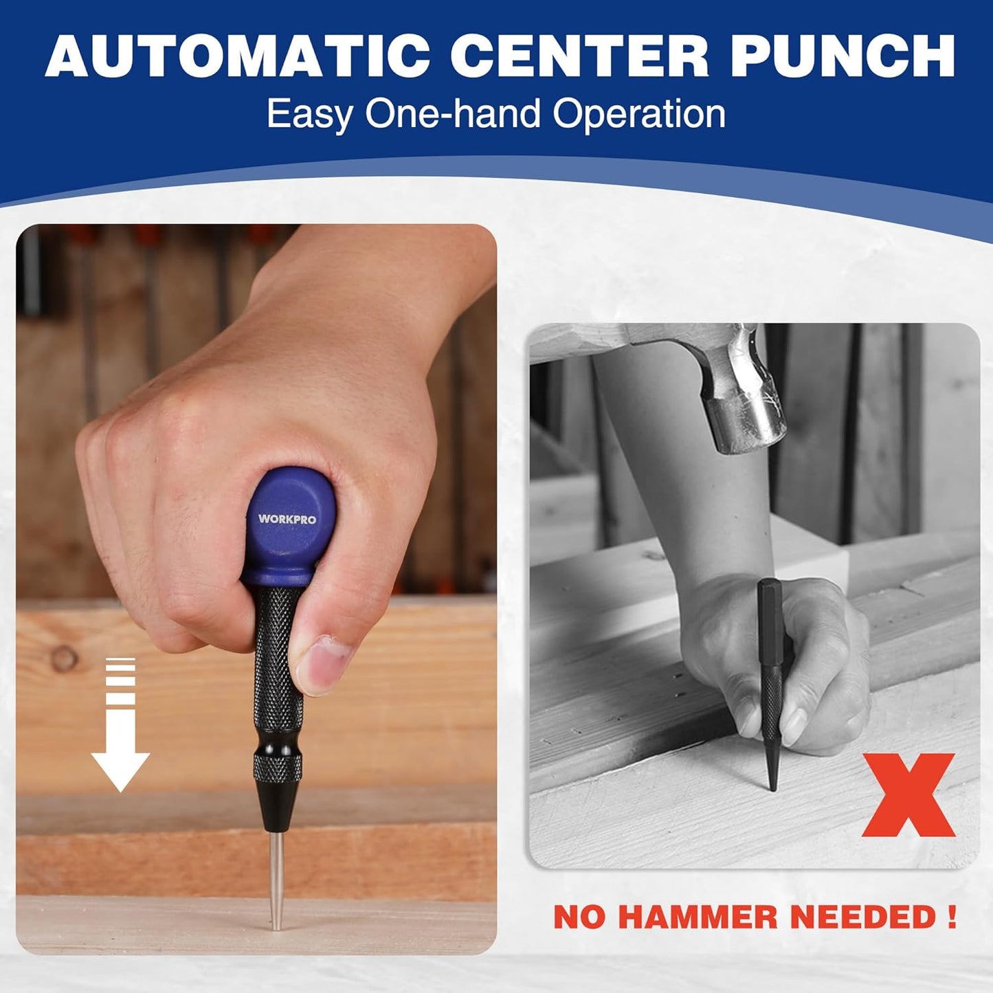 WORKPRO 5" Automatic Center Punch for Metal, Adjustable Spring Loaded Center Punch with Cushion Cap, Metal Punch Tool, Center Hole Punch for Wood, Metal, Plastic