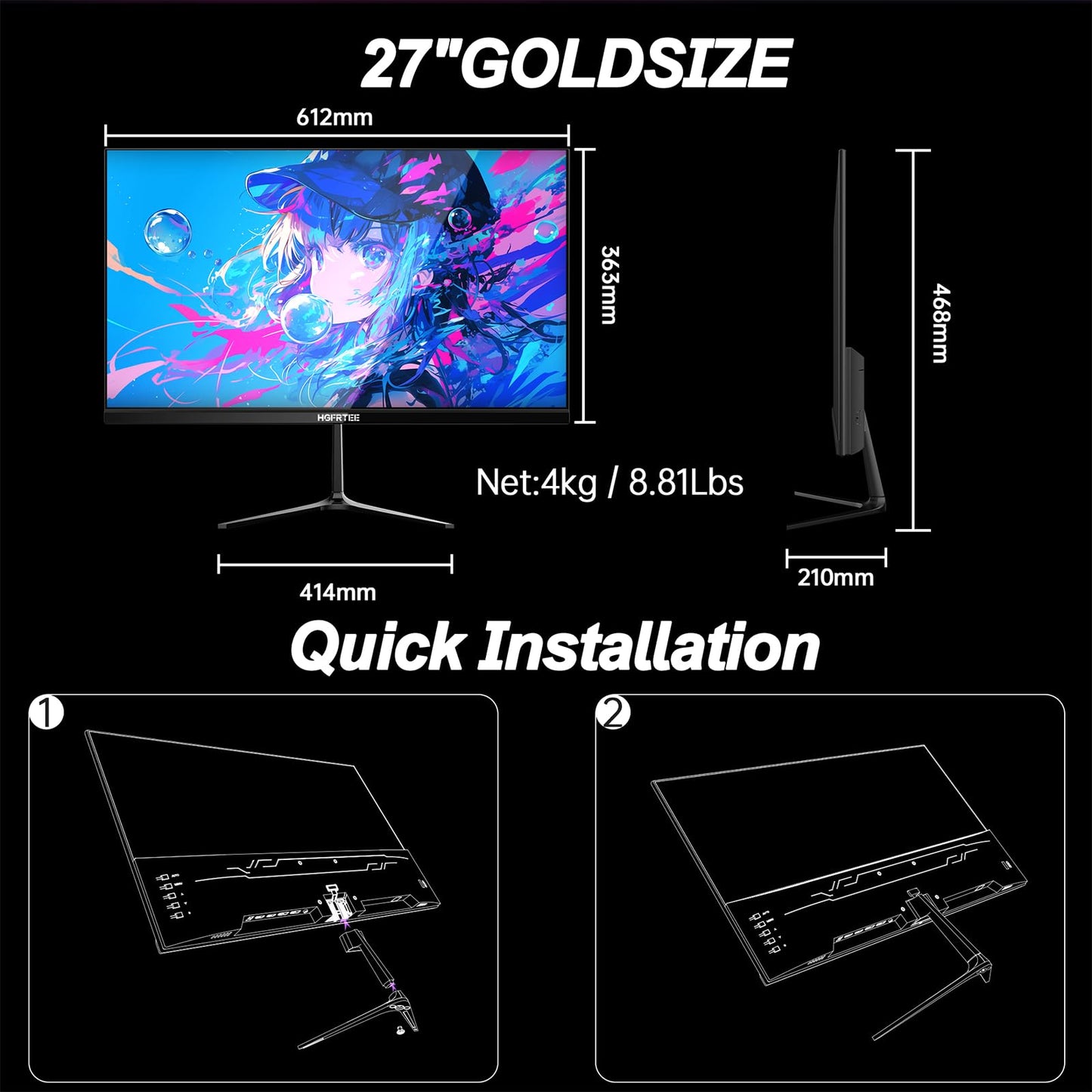 HGFRTEE 27 Inch 240Hz Gaming Monitor, QHD 2560×1440 Fast IPS Computer Monitor, 1ms MPRT, FreeSync, HDMI & DisplayPort, 100% sRGB, VESA Mountable, Ultra-Slim Bezel for FPS Gaming and Office