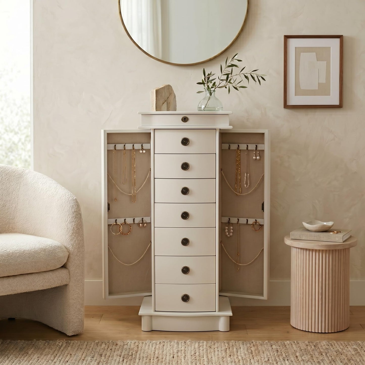 Hives and Honey Noel Standing Jewelry Armoire Cabinet, Locking Organizer with Flip Top Mirror, 2 Side Doors, 7 Drawers, Jewelry Chest for Necklaces, Earrings, Bracelets, White