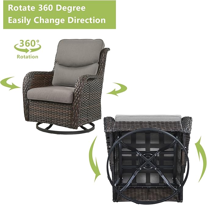 Rilyson Wicker Rocking Chair Swivel Chairs - Rocker Patio Chairs Set of 2 Rattan Rocking Chair for Outdoor Porch Deck Garden Backyard (Brown/Grey/Smile)