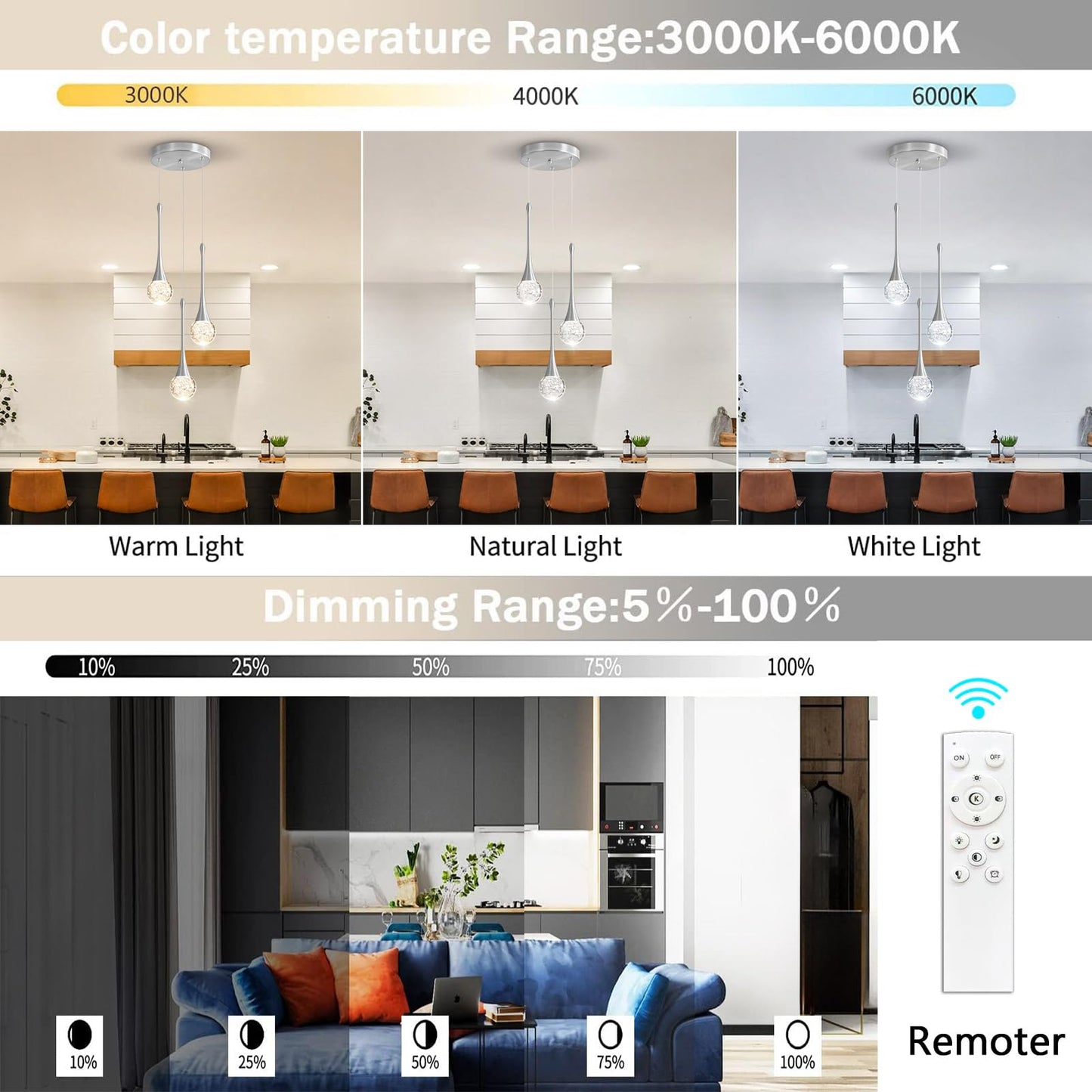 cenozo 3-Lights Modern Pendant Lights for Kitchen Island LED Dimmable Crystal Glam Ceiling Pendant Lighting Chandelier for Dining Room Hallway Bedroom Corner Lamp Brushed Nickel