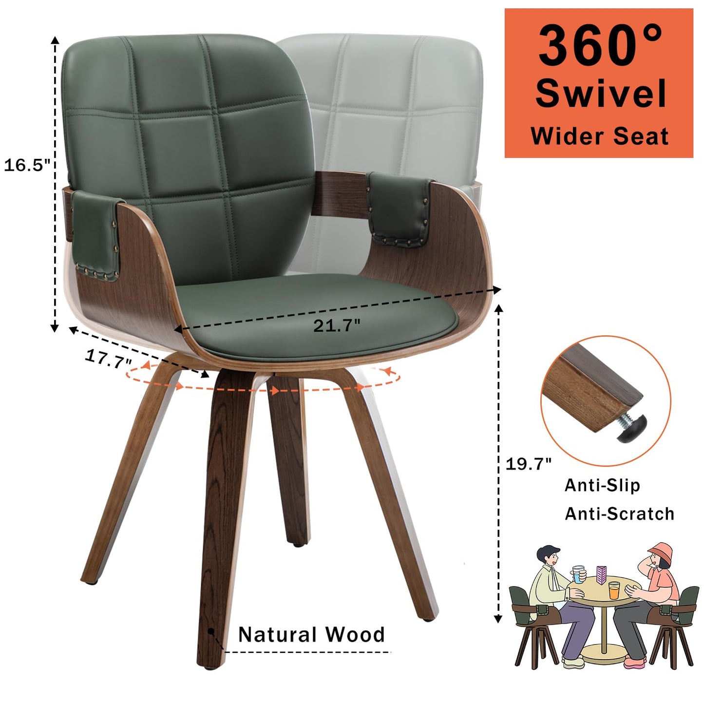 Set of 2 MCM dining Chairs - Swivel Faux Leather Dining Chairs with Arms and Curved Back, Bentwood Structure, Walnut Craftsmanship, Versatile for Kitchen/Restaurant/Conference Room (Walnut Green)