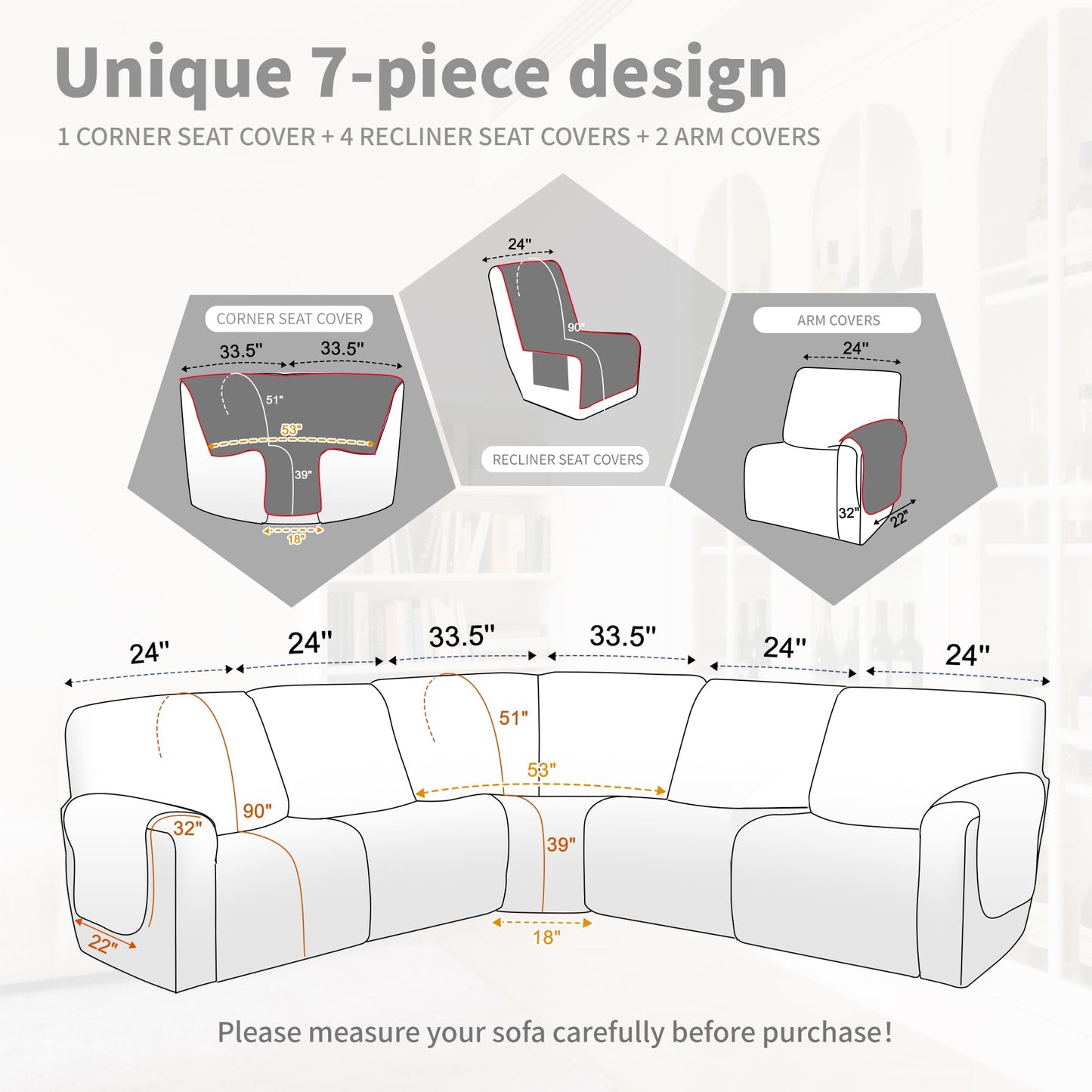 ROFASVCO Waterproof Sectional Reclining Couch Covers L Shaped Recliner Sectional Sofa Cover 7 Piece Non Slip Washable Corner Recliner Slipcover Set for Pet Dog (5 Seater Cover, Light Coffee)