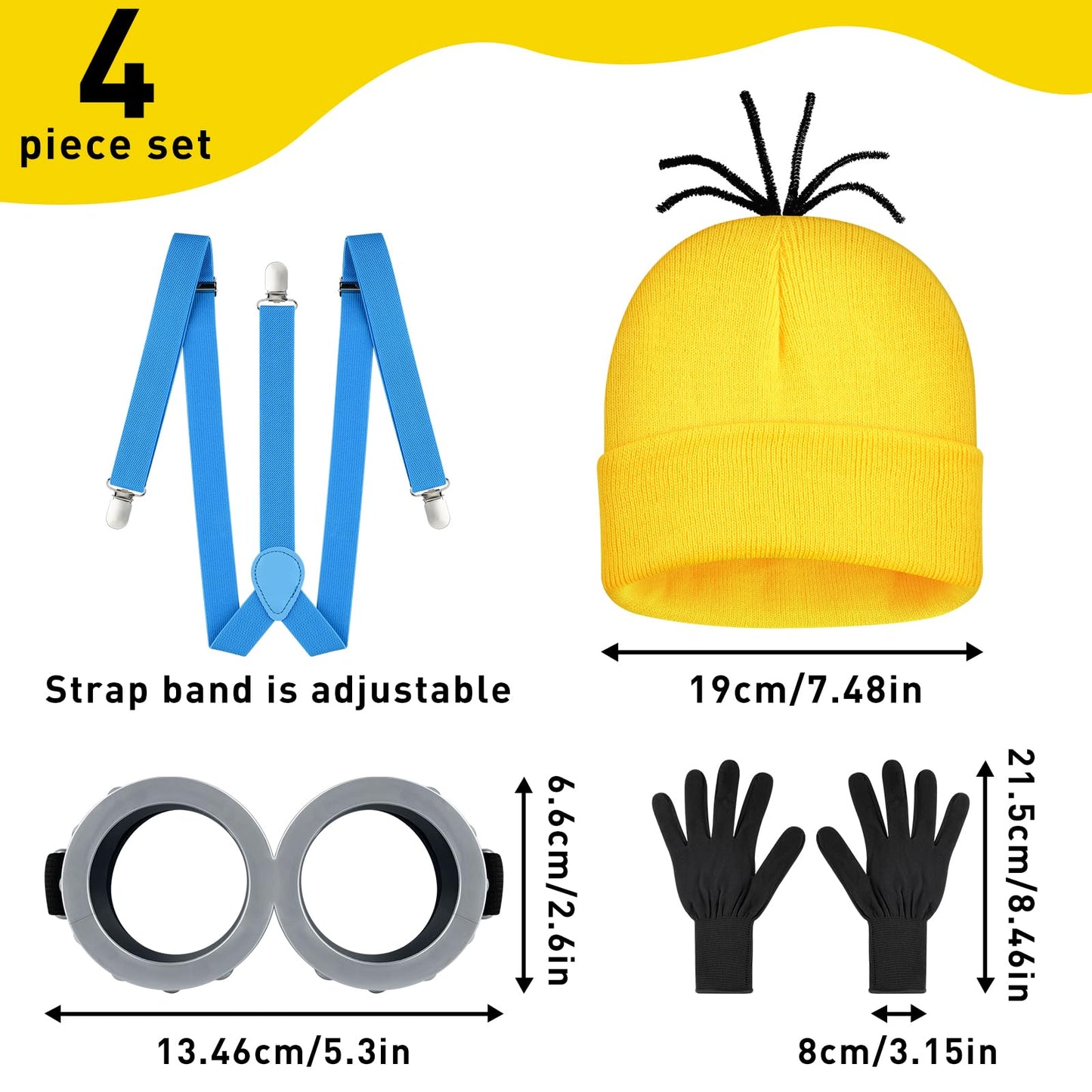 MEEZY 4 Pcs Yellow Cosplay Costume Accessories Adult, Yellow Beanie Suspenders Goggles Gloves for Men Women Halloween Costumes Party Cosplay Dress Up Set