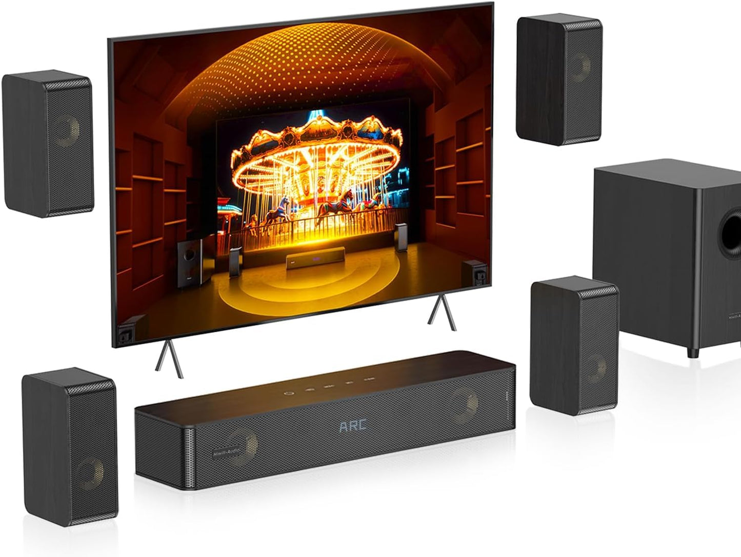 Hiwill-Audio Wooden 5.1.2 Sound Bars, 4 Surround Speakers Wired, Virtual Surround Sound System, Soundbar for Smart TV Speaker w/5.25'' Wired Subwoofer, Home Theater, ARC/Opt/BT/AUX, HiPulse N512