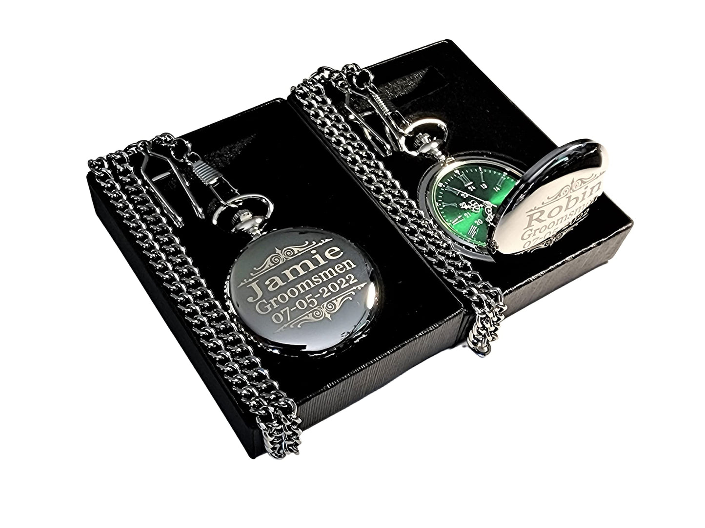 1 Engraved pocket watch - Comes with fitted custom box, chain and engraving - Green dial with Silver roman numerals - Personalized Wedding gifts (Rose Gold)