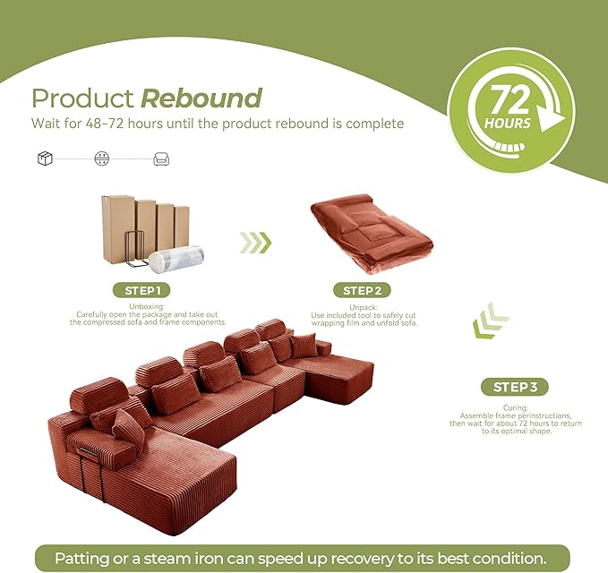 171" U-Shaped Cloud Modular Sectional Sofa with Chaise & Headrest, Boneless Deep Seat Plush Corduroy Couches for Large Living Room, No Assembly Required (Orange, 171" U-shapred Chaise)