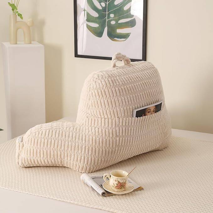PAJEO Reading Pillow for Sitting in Bed, Large Backrest Reading Pillow with Arm Rest,Back-Rest Support Cushion for Sit Up on Couch, Sofa, and Floor, Dorm Essentials (Cream Corduroy, Standard(17"))