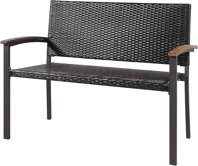Tangkula Outdoor Stackable Bench, All-Weather PE Wicker Loveseat with Acacia Wood Armrests, 2-Person Heavy Duty Metal Frame Patio Bench, for Garden, Front Porch, Courtyard
