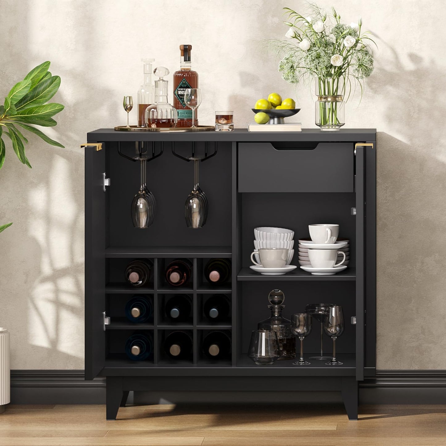 Modern Fluted Coffee Bar Cabinet with Removable Wine Rack and Adjustable Shelf, Solid Wood Legs, Multi-Functional Sideboard Buffet for Kitchen, Dining Room, Living Room, Entryway, Black