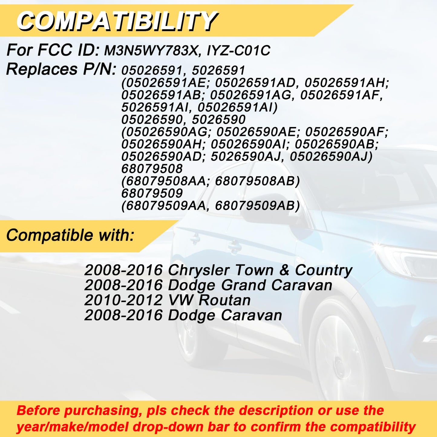 Vurkcy Key Fob Replacement For 2008-2016 Chrysler Town Country & Dodge Grand Caravan Car Keyless Entry Remote Control, M3N5Wy783