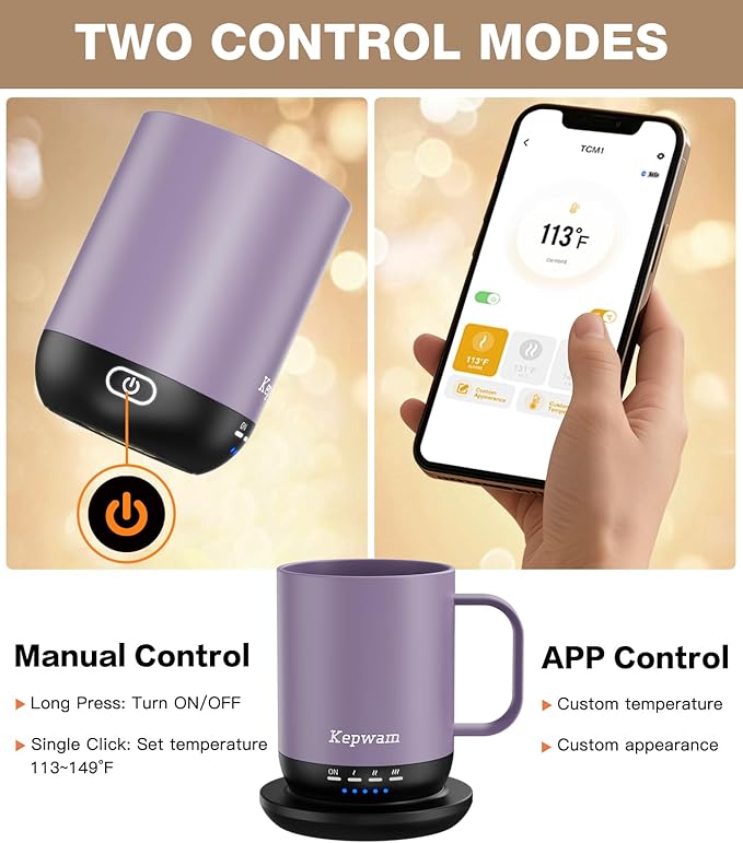 Kepwam Self Heating Coffee Mug T1-16oz Fast Heating & Ultra Long-Lasting Battery Life, Heated Coffee Mug Up to 149℉ - Touch & App Controlled Coffee Mug, Birthday Gifts for Women and Men