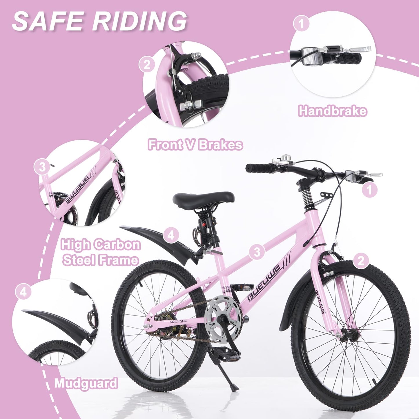 Bueuwe 20 24 Inch Mountain Bike for Kids Ages 6-12 Year Old, Kids' Bicycles with Dual Brakes, Adjustable Seat and Kickstand, Single Speed Bikes for Young Riders,Pink,20 Inch