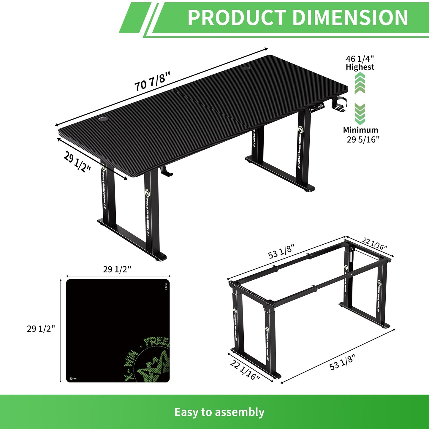 X-WIN Electric Height Adjustable Standing Desk, 71" x 31.5" Inch 4-Leg Ergonomic Sit to Stand Desk for Home Office, Powerful Dual Motor Work Desk with Locking Wheels, Carbon Fiber Textured Black