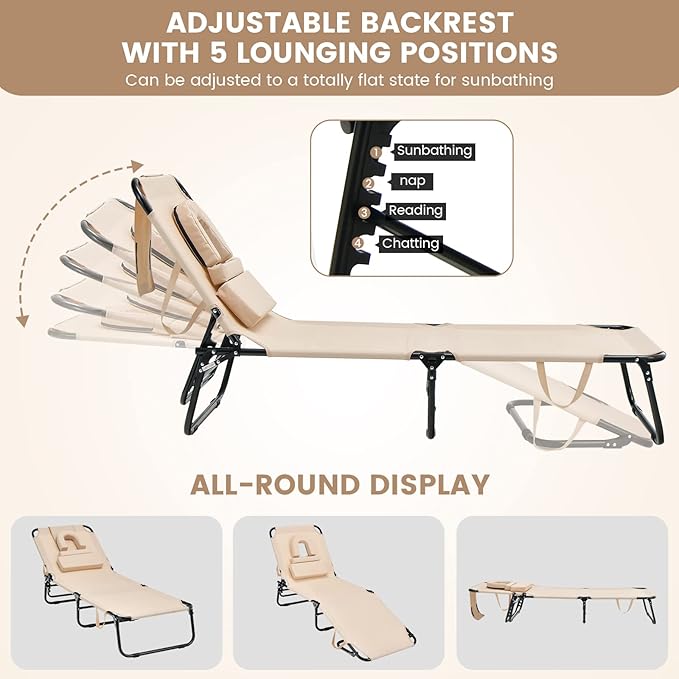 GYMAX Tanning Chair, 350lbs Beach Lounge Chair with Face Hole, Washable Pillow & Carry Strap, Adjustable Folding Chaise Lounge, Layout Lounger for Outside, Patio, Poolside, Lawn (2, Beige)