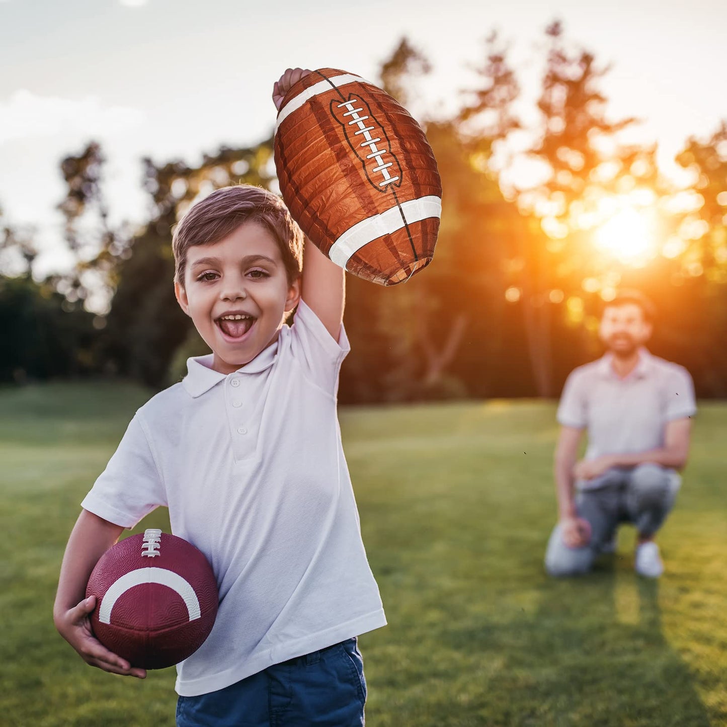 Mudder 24 Pieces 12 Inches Football Paper Lanterns Sports Fan Party Decor Football Hanging Decoration Sports Ball Lantern for Birthday Game Day Tailgates Stadium Party Supply (Brown)