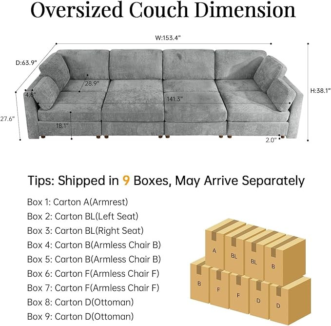 CUGOAO 153.4'' Modular Sectional Sofa Bed, Oversized Sectional Couch, Deep Seat Chenille Cloud Couch, Removable Cover, Mordern Upholstered Couches for Living Room, Apartment, Office, Grey
