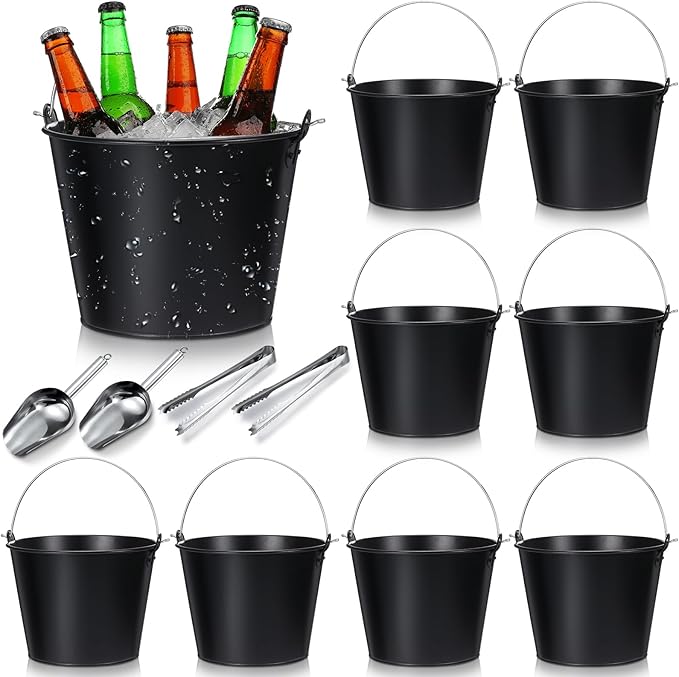 Zopeal 12 Pcs Metal Beer Buckets with Ice Shovels and Tongs Stainless Steel Ice Bucket with Handle Round Pails for Summer ...