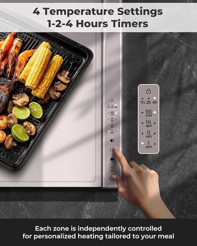 Food Warming Mat for Food - Dual Independent Heating Zones, 4 Temp Settings, Easy-to-Clean Silicone, Auto Shut-Off, Timer, and Child Lock, Portable for Buffet, Home Party, and Travel (Beige, Large)