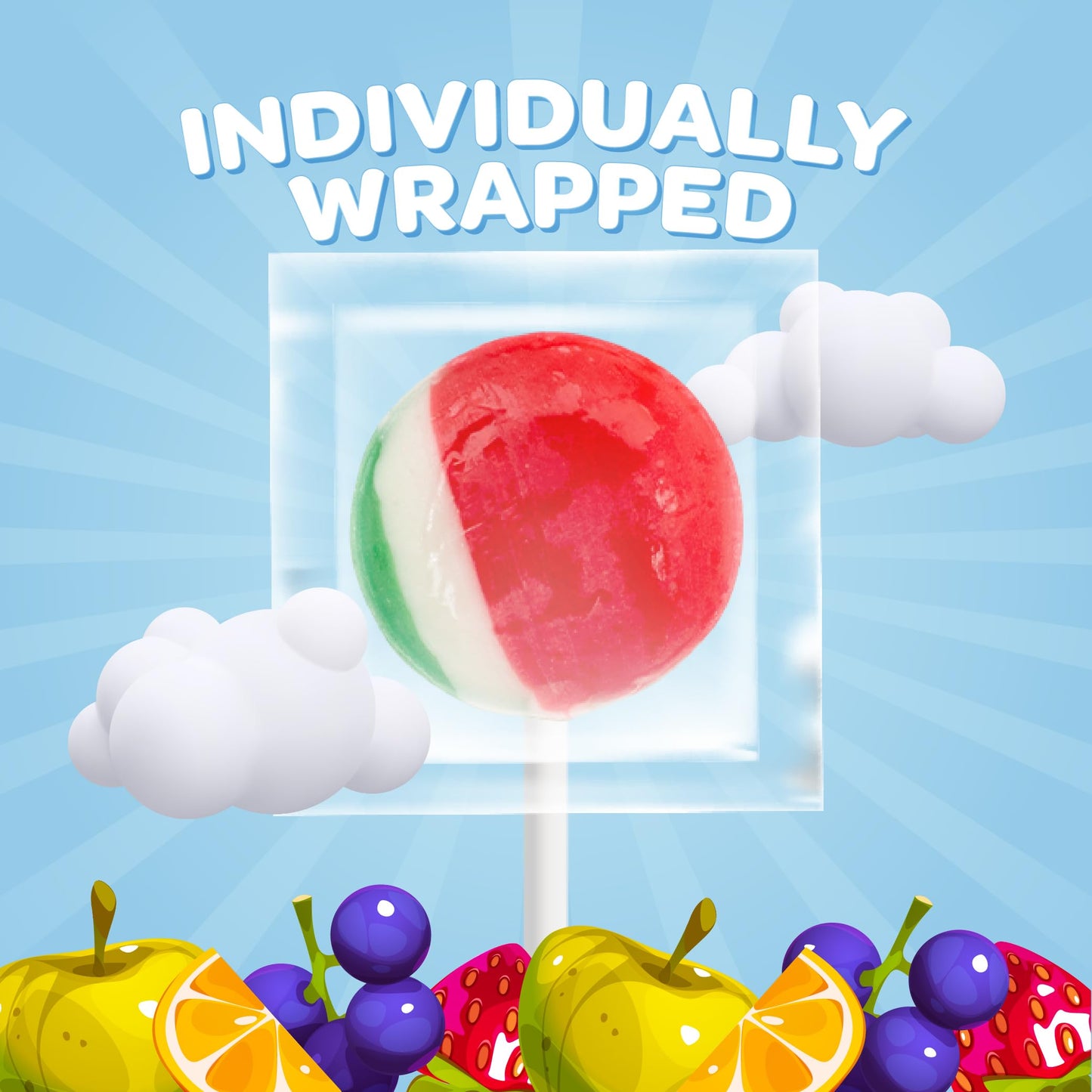 Fruit Lollipops - 2 Pound Bulk Pack (80 Count) - Assorted Fruit Flavored Hard Candy - Individually Wrapped Halloween Candy - Flat Suckers for Kids and Parties