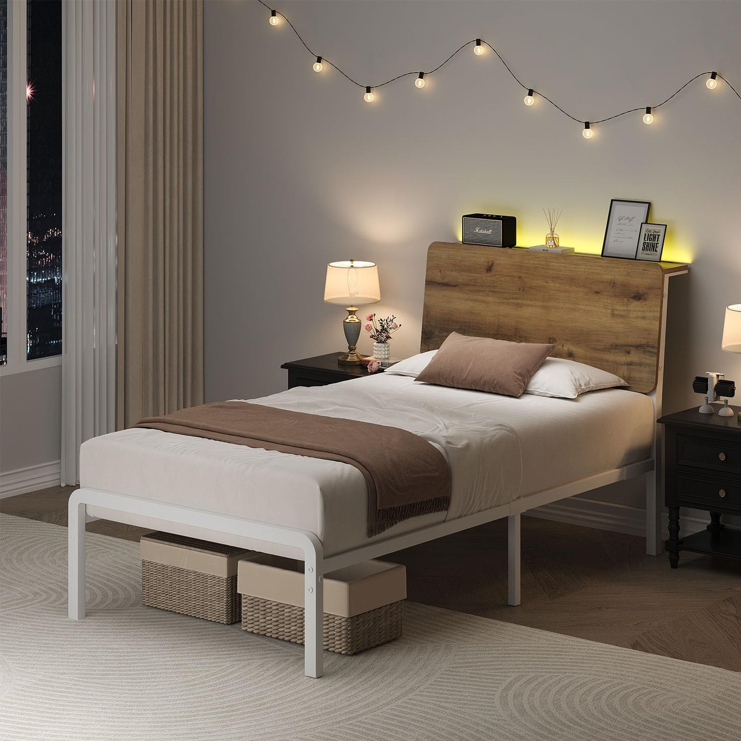 MaverickFurni Twin Bed Frame, LED Bed Frame with Storage Headboard, Metal Platform Bed Twin Size, Heavy Duty Metal Slats, No Box Spring Needed, Easy Assembly, White and Walnut
