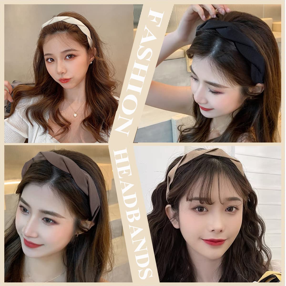 Springtime Set of 4 Fashion Solid Headbands for Women Girls 1.2inch Wide Braided Headband Fabric Hairbands with Tooth Non Slip H