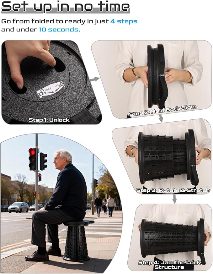 Spisces 2025 Heavy Duty XXL Collapsible Stool | 1000lbs Capacity, 20-in Taller & 13-in Wider Foldable Retractable Telescoping Stool for Adults, Oversized Camping, Fishing, Concert, Event, Stadium