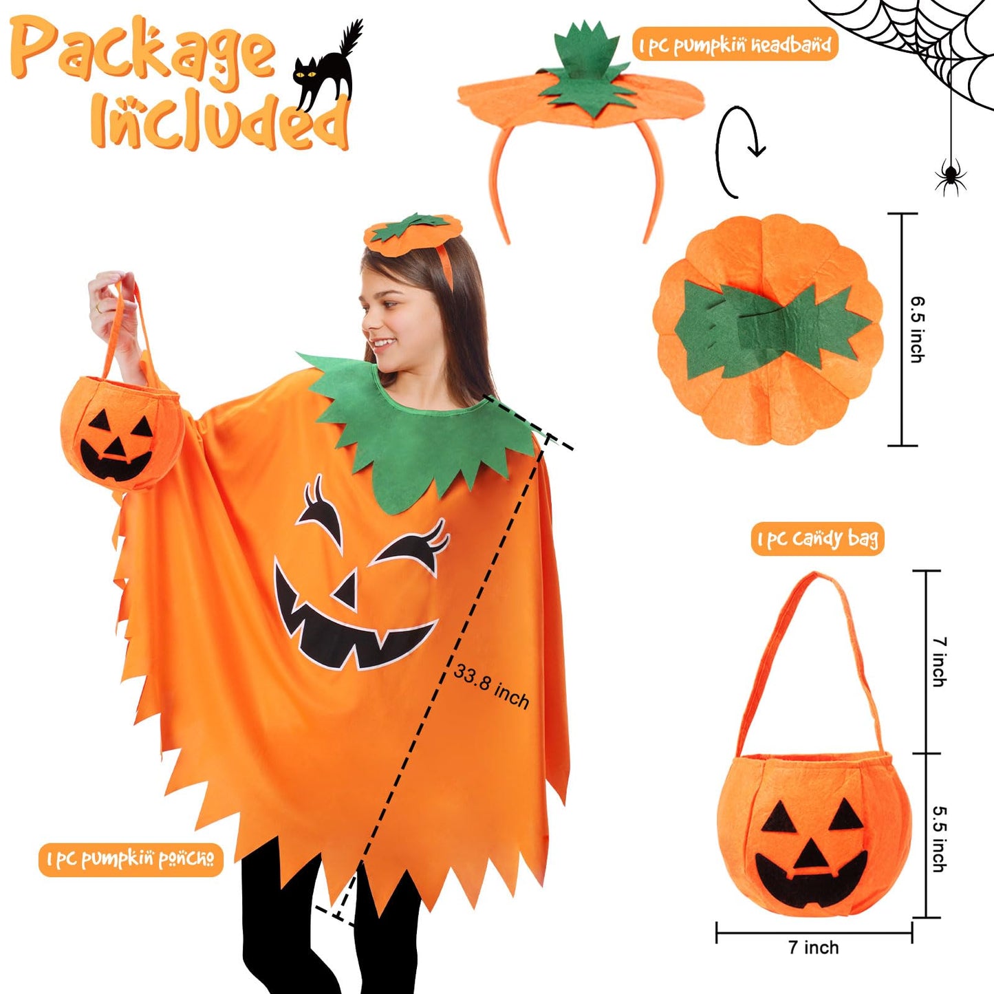 Snwquik 3 Pcs Pumpkin Costume for Adult,Glow in the Dark Pumpkin Costume Women with Headband/Bag,Pumpkins Halloween Costume Dress Up