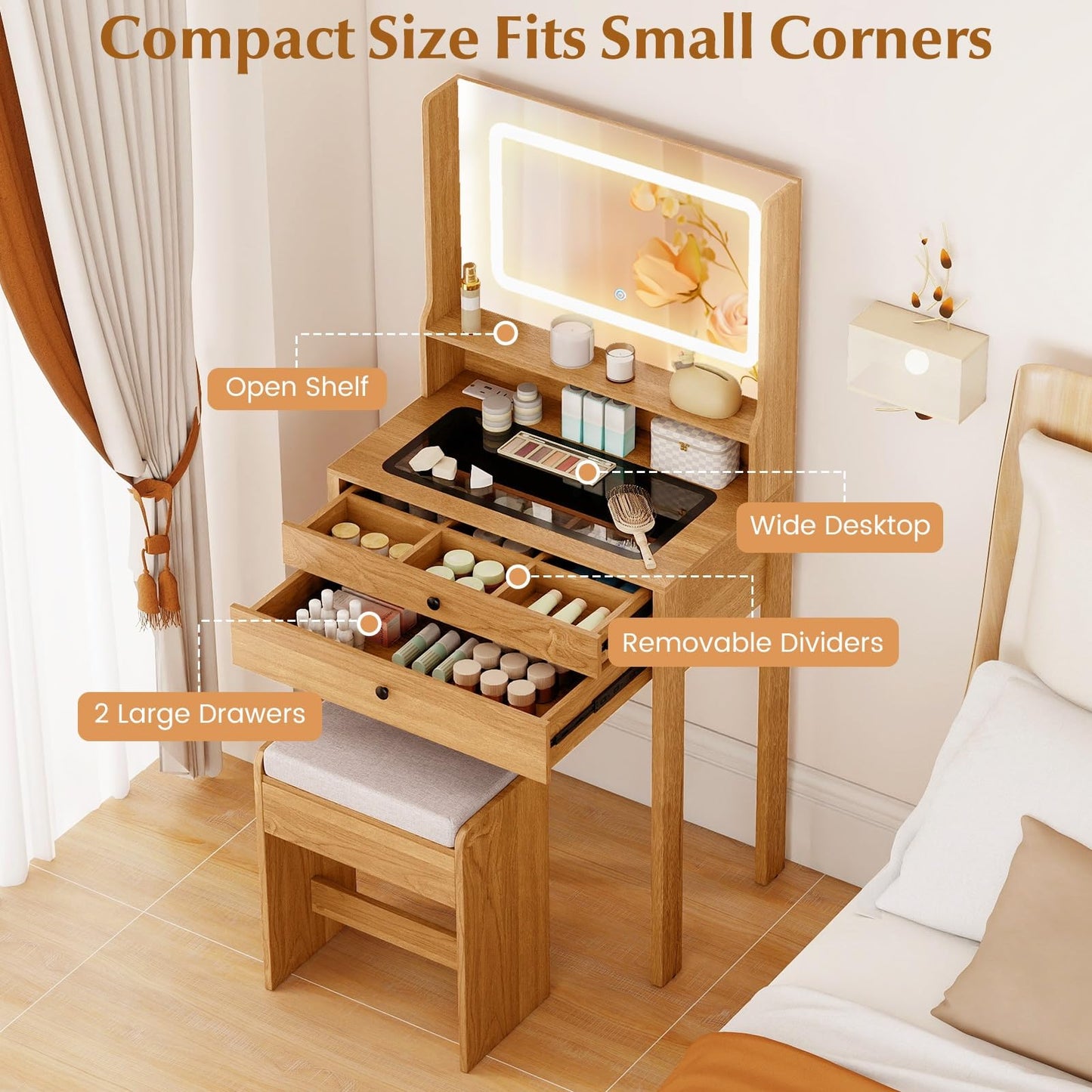 CHARMAID Compact Vanity Desk with Lighted Mirror, Built-in Charging Station, Glass Desktop, 2 Drawers & Padded Stool, Small Makeup Vanity Table for Bedroom, Apartment, Dorm, Rustic Oak