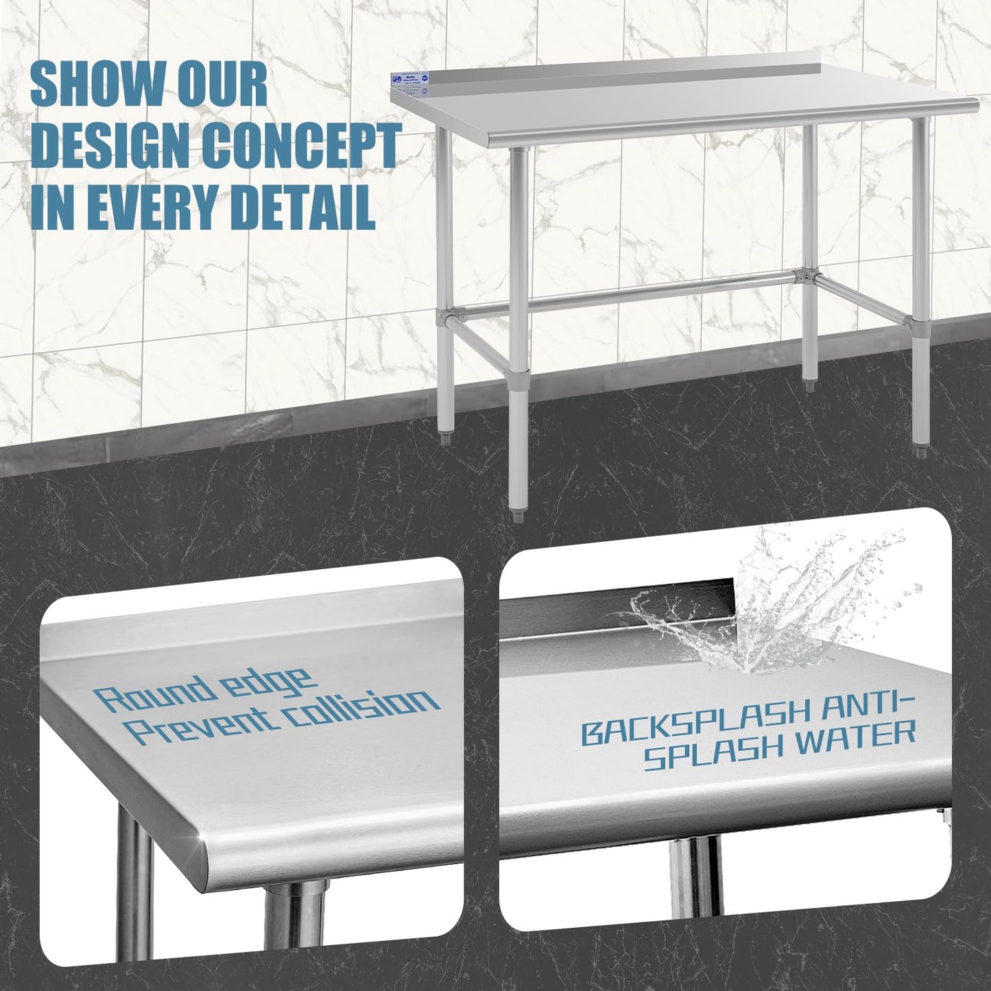 Hally Open Base Stainless Steel Table 30 x 48 Inches, NSF Commercial Heavy Duty Prep & Work Table with Backplash and Galvanized Legs for Restaurant, Home and Hotel