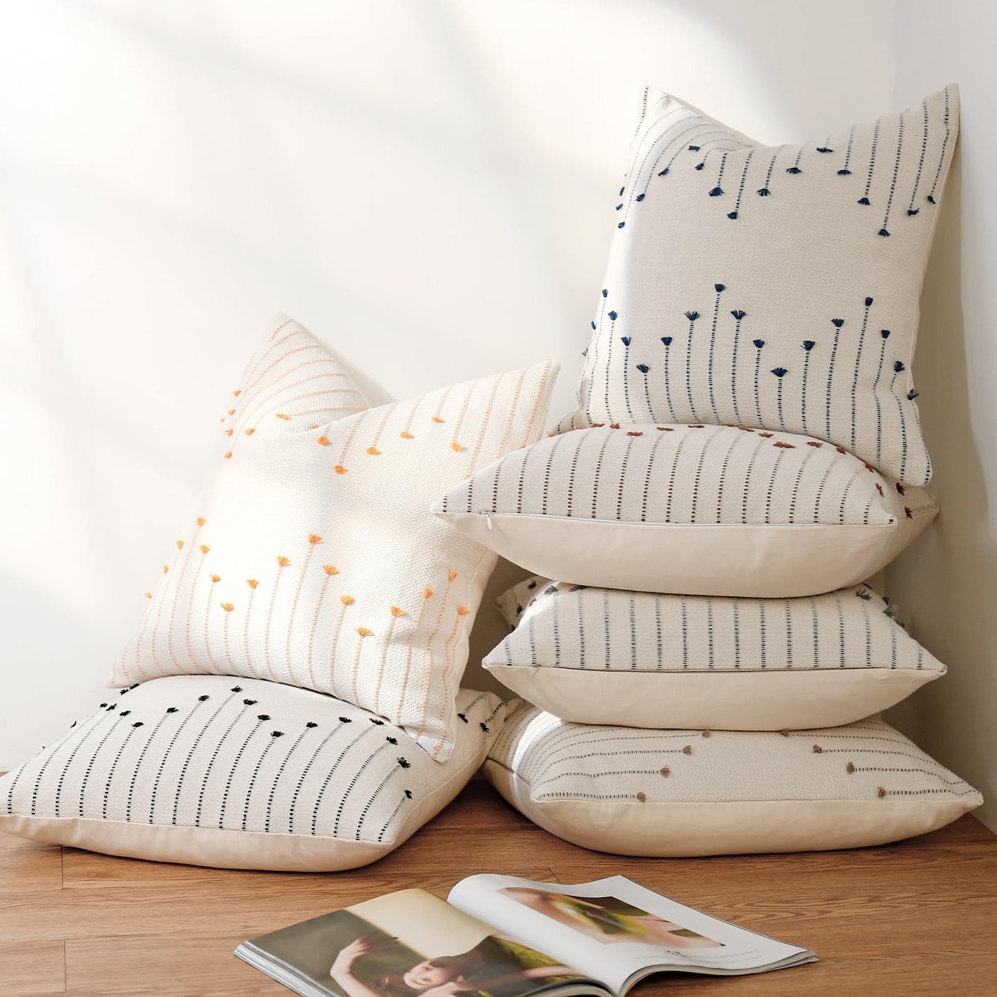 Boho Throw Pillow Covers 18x18 Set of 2 Neutral Woven Decorative Pillowcases Cotton Tufted Couch Pillows Modern Farmhouse Accent Cushion Covers for Sofa Couch Bed Living Room Home Decor, Navy Blue
