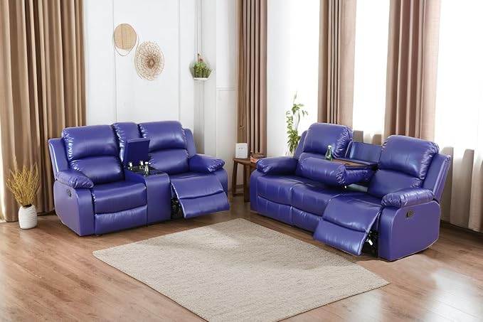 A Ainehome Living Room Furniture Set Leather Recliner Sofa Set Loveseat Chair Furniture Sofa Set for Living Room/Small Space/Rv/House/Office/Theater Seating (A-Blue Leather, Sofa+Loveseat)