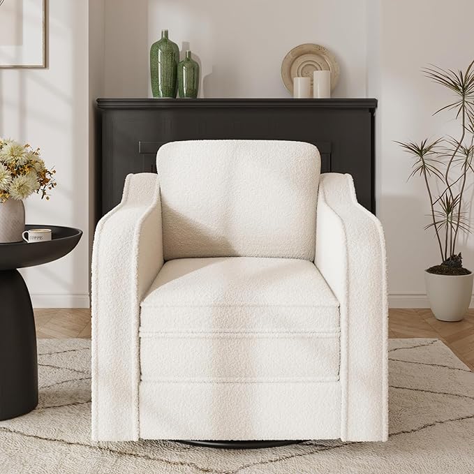 FiveWillowise Swivel Accent Chair Set of 2 for Living Room, 30 Inches Barrel Upholstered Armchair, Cozy Modern Arm Chair Single Sofa for Bedroom, Apartment, Reading Room, White